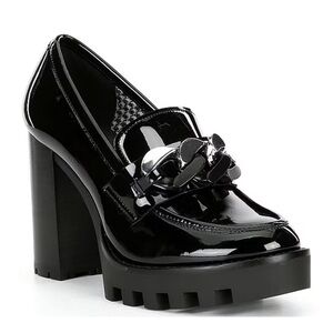 Antonio Melani Parker Black Platform lug loafers Silver Chain NWOB Size 8.5